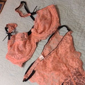 Ruzishun pink and black lace underwire 36C bra and large panty nwot